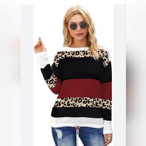 Women's Leopard Print Color Block Sweater Large